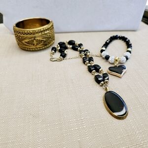 SET! Carolina Herrera Bead Necklace, Brass Cuff, & Black Bead Bracelet SET!